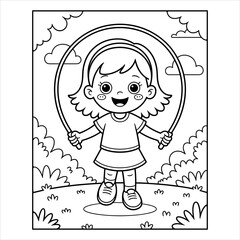 Girl Skipping Rope Coloring Page Vector Illustration, Cute Girl Jump Rope Activity Line Art Drawing, Children Outdoor Play Skipping Rope Coloring Sheet.