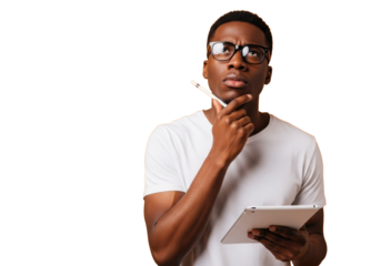 Afroamerican man, black-rimmed glasses, pensive, stylus, tablet on vibrant orange background, copy space, intellectual creativity concept