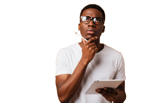 Afroamerican man, black-rimmed glasses, pensive, stylus, tablet on vibrant orange background, copy space, intellectual creativity concept