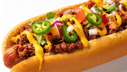 A close-up of a loaded hotdog in a bun with chili, mustard, and fresh toppings