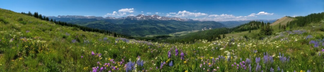 Fototapeta premium Exported hdr 360-degree panoramic scene of bright mountain landscape with wildflowers