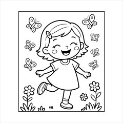 Cute Girl with Butterflies Coloring Page Vector Illustration, Happy Child in Garden with Flowers and Butterflies Line Art, Cartoon Girl Playing with Butterflies Black and White Drawing.