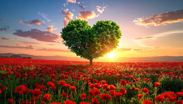 Heart Shaped Tree in a Vibrant Poppy Field at Golden Sunset Scenic Landscape with Orange Sky and Clouds Silhouette of Distant Land at the Horizon - Powered by Adobe