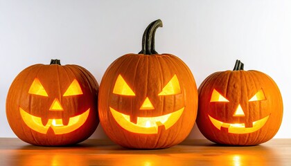 Three glowing carved pumpkins with smiling faces against a plain white backdrop