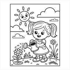 Cute Girl Watering Flowers Coloring Page Vector for Kids, Little Girl Gardening with Watering Can Line Art Illustration, Spring Garden Girl Coloring Book Page Vector Design.