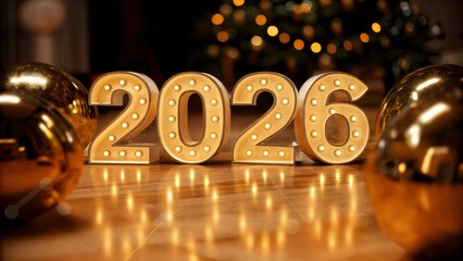 Golden glowing 2026 numbers surrounded by festive lights and bokeh background symbolizing new year celebration, success, prosperity, and bright future for business and lifestyle inspiration