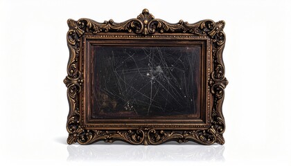 Ornate golden framed object with a scratched, dark surface against white background
