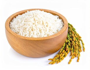 Wooden bowl filled with white grains, beside stalk of golden seeds on white