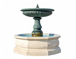 Ornate outdoor fountain with layered basin and bowl against a plain white backdrop