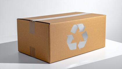 A cardboard box with a recycling symbol and tape, on a white surface
