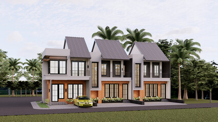 Contemporary townhouse exterior blending dark gray and warm red brick. Narrow lot house plan with large windows, glass doors, and modern architecture. 3D rendering. © rijalul_rokhima