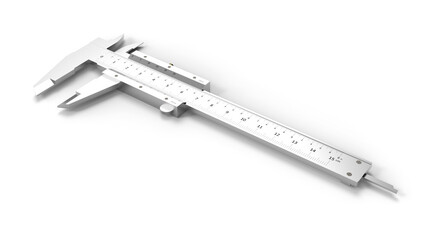 Precise metal caliper with detailed measurement markings on white background - 3D rendering