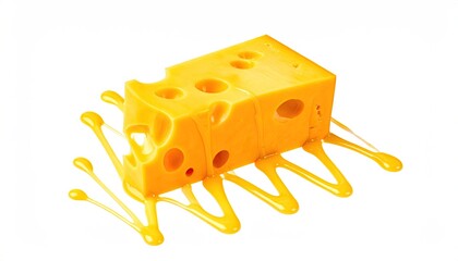 A block of yellow cheese with holes, melting around its base on a white backdrop