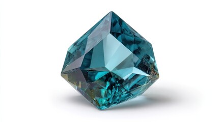 A faceted, teal-blue gemstone, cubic in shape, exhibits internal reflections and subtle color variations, sits on a white background casting a slight shadow