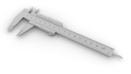 Precise metal caliper with detailed measurement markings on white background - 3D rendering