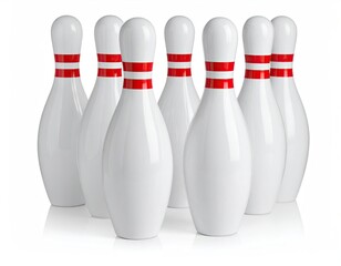 Close-up of seven white bowling pins with red rings, arranged against white
