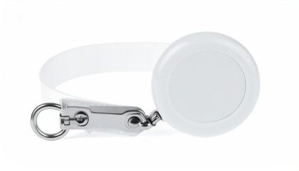 White retractable strap and circular holder connected by a metal swivel and hook