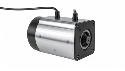 Cylindrical, metallic industrial device with black details, wires, and ports, isolated