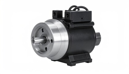 A mechanical device with a cylindrical body, shaft, and electrical connections, isolated