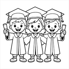 Graduation Kids Coloring Page Vector Illustration, Children Graduation Ceremony Coloring Book Page, Cartoon Kids in Graduation Gown Line Art for Coloring.