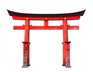 A vibrant red traditional Japanese torii gate, set against a pure white backdrop