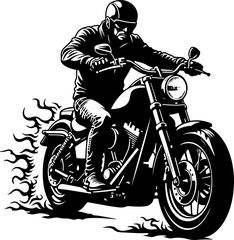 Biker with Beard on Flaming Motorcycle Graphics Black