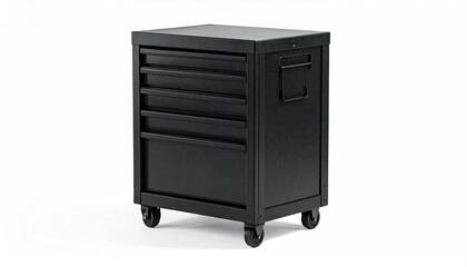 Dark gray metal rolling cabinet with drawers and a handle, isolated on white background
