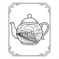 Teapot Train Coloring Page Vector Vintage Steam Locomotive in Teapot Design, Tea Pot with Train Illustration Unique Coloring Book Page for Kids and Adults, rain in Teapot Vector.