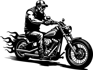 Biker with Beard on Flaming Motorcycle Graphics Black