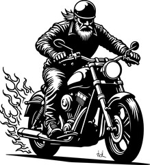 Biker with Beard on Flaming Motorcycle Graphics Black