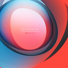 Abstract layers create vibrant, flowing shapes. Red, blue hues blend smoothly, forming circular design elements. Modern, minimalist aesthetic.