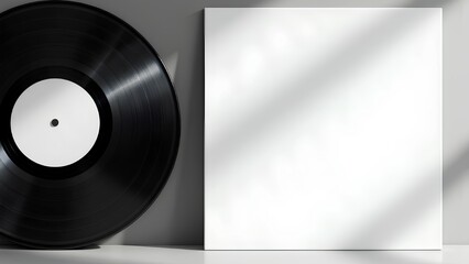 A classic black vinyl record leans against a blank white album cover, with soft diagonal window light casting shadows. Perfect for music branding mockups.