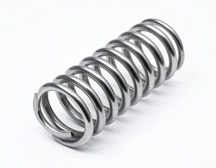 Shiny, metallic compression coil spring on a white background, close-up view