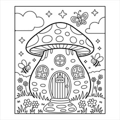 Cute Mushroom House Coloring Page for Kids Vector Illustration, Fantasy Fairy House Coloring Book Page with Mushroom and Insects, Whimsical Mushroom Cottage Coloring Page Vector for Children.