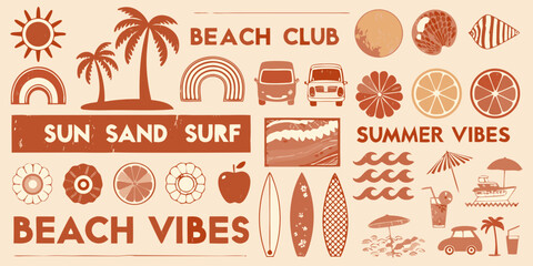 Retro summer beach vibes collection with sun sand surf and palm trees