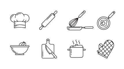 Hand drawn kitchen utensils icons set chef hat rolling pin whisk pan pot and mitt vector