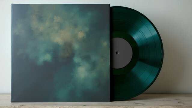 A dark green vinyl record is displayed next to its album cover, which features a moody, textured green and yellow abstract pattern. - Powered by Adobe