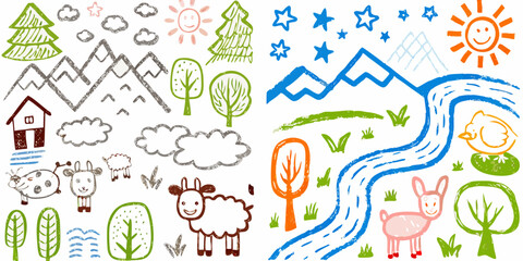 Fototapeta premium Collection of hand drawn childrens style illustrations of farm animals trees mountains clouds sun and stars