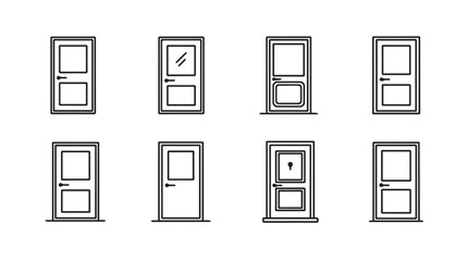 Collection of eight diverse door sketches in a grid representing architectural design and interior concepts vector