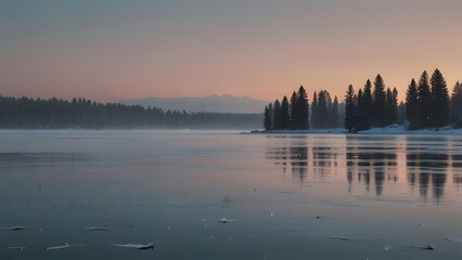Naklejka premium A serene winter landscape with a half-frozen lake reflecting the soft colors of a beautiful sunset sky, surrounded by a pine forest. Nature concept
