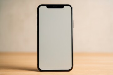 Smartphone mockup with blank screen standing upright on wooden table against neutral background for app or branding presentation concept.