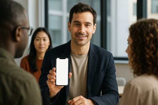 Businessman showing smartphone mockup to diverse team in office meeting with bright background, technology presentation concept focus. Ai generative