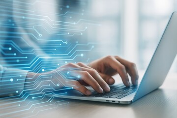 Hands typing on laptop with digital tech circuit overlay and blue abstract technology background concept in bright modern workspace.