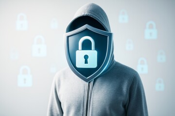 Cybersecurity concept showing hooded figure with shield lock face on light tech background representing data protection and digital identity safety.