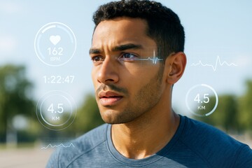 Focused athlete with digital fitness metrics overlay on sunny outdoor background showing heart rate, distance, and performance data. Ai generative