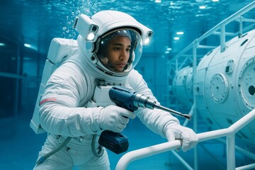 Astronaut practicing underwater spacewalk using power drill in advanced training facility with futuristic technology background and cool blue lighting. Ai generative