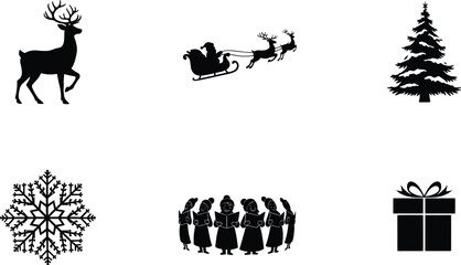 Flat vector, silhouette Christmas icons, festive holiday symbols, reindeer, sleigh, tree, snowflake, carolers, gift box, black and white