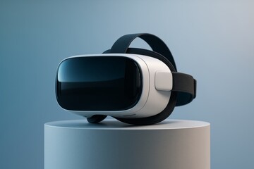 Futuristic virtual reality headset placed on cylindrical stand with soft light on minimal abstract background for technology and innovation concept. Ai generative