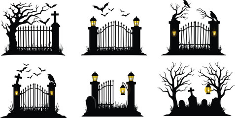 Haunted cemetery gates with lanterns, bats, crows, spooky trees, and tombstones perfect for dark horror gothic Halloween vector illustration