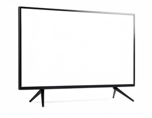 Flat, black, framed, blank-screen display with legs against a white background